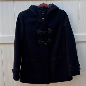 Elegant Navy Blue Toggle Pea Coat with hoodie